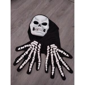 Latex Skeleton Halloween Mask with Black Hood and Skeleton Gloves Adult Costume